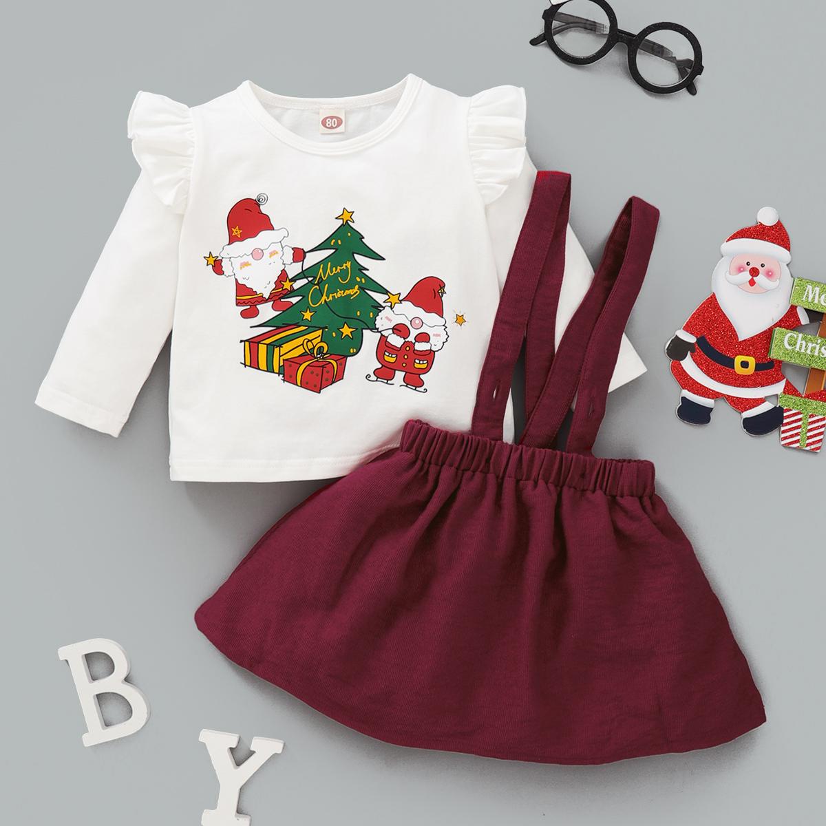 3-24M Baby Girls Clothes Santa Christmas Trees Print Shirt Straps Suspender Skirts 2Pcs Outfits White Catpapa WL20081450
