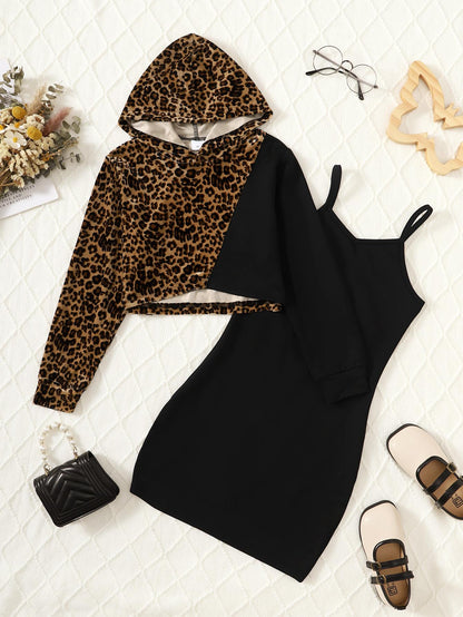 8-14Y Kid Girls Outfits Leopard Pattern Hoodies Short Sweater Hoodies Sleeveless Dress 2Pcs Nice Apparel Clothes Set Black Catpapa  462308013