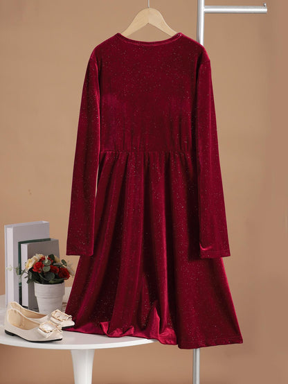 13-16Y Ready Stock Teen Girls Dress Elegant Velvet Long Sleeve V Neck Dress Girl's Spring Festival Dress From 13-16T Red Catpapa 462310007