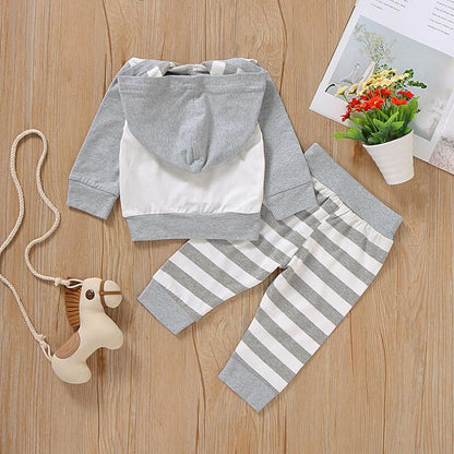 0-12M Newborn Baby boy Clothes Baby boyOutfits Hooded Long Sleeve Top Stripe Pants 2PCS Set Gray Catpapa 197240-1