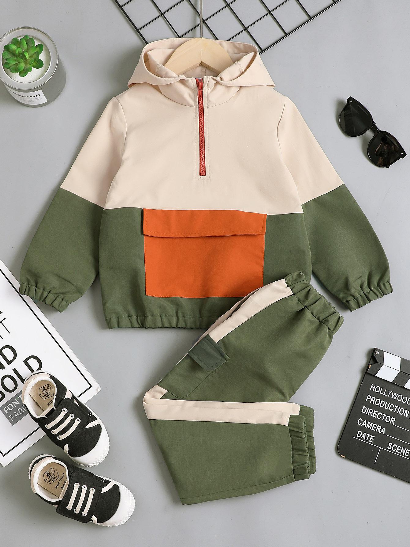 12M-4Y Kids fashion Boys Outfits Boys OOTD Splice Pocket Winter Hoodies Pants 2Pcs Clothes Set Green Catpapa 222090044