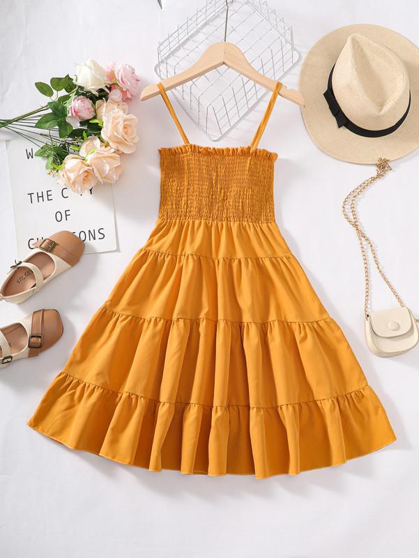 5-14Y Ready Stock Kids Girls Dress Straps Summer Smocking Layered Dress One Piece Sun Dress Yellow 462302013