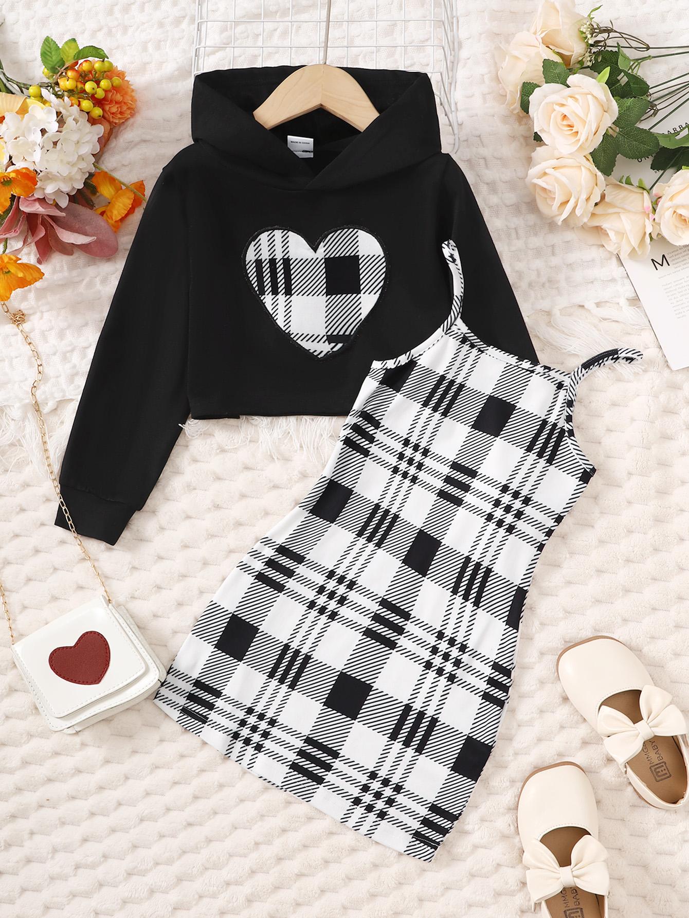 3-8Y Ready Stock Kids Toddler Girls Clothes Straps Checker Print Dress Heart Plaid Print Long Sleeve Sweater Hoodies 2Pcs Nice Apparel Clothes Set Black Catpapa 462308154