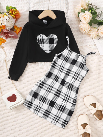 3-8Y Kids Toddler Girls Clothes Dress Heart Plaid Print Long Sleeve Sweater Hoodies 2Pcs Nice Apparel Clothes Set Black Catpapa 462308154