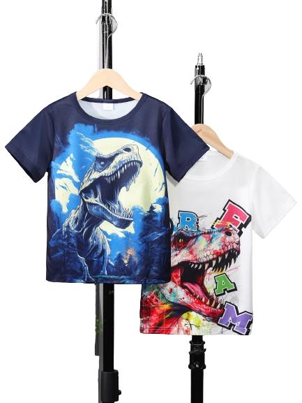 7-15Y Ready Stock 2Pcs Fierce Dinosaur 3D Print Boy's Quick Dry Breathable Leisure Sports T-shirt - Comfortable Summer Outdoor Clothing 7-15y Catpapa 462312038