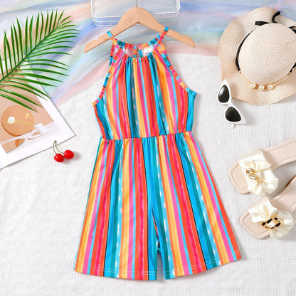 8-14Y Ready Stock Kid Girls Jumpsuits 8Y,9Y,10Y,11-12Y,13-14Y Big Girls Casual Tie-dye Halter Sleeveless Summer One Piece Bodysuits (Tie Dye Is Random) Catpapa 462312007