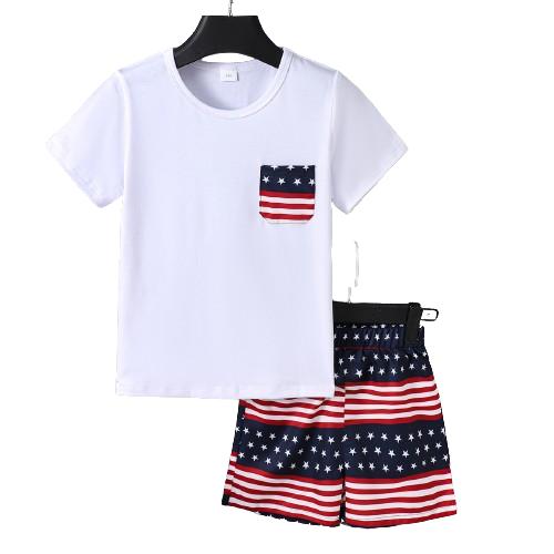 7-15Y Ready Stock Kid Boys Summer Outfits Fake Pocket Casual T-shirt Elastic Stars and Stripes Shorts 2Pcs Independence Day Clothing From 7Y-15Y White Catpapa 462312039