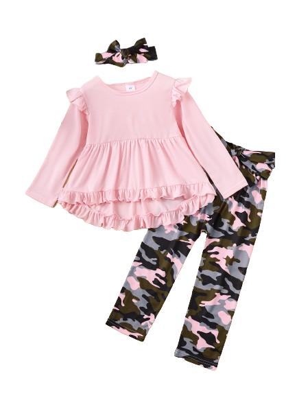 4-6Y Ready Stock Kid clothes Girls Clothes Solid Color Ruffle Long Sleeve Dress Tops Elastic Camouflage Pants Headband 3Pcs Casual Outfit Sets Pink Catpapa 462311008