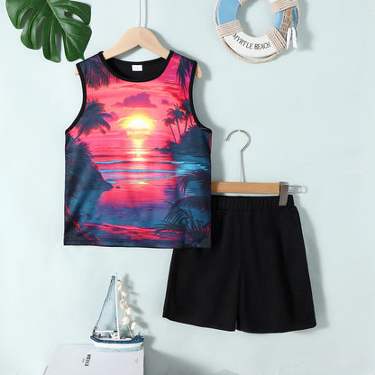 7-15Y Ready Stock 2pcs Sunset View Print 7-15y Boys Creative Sleeveless Tank Tops&Shorts Set, Casual Crew Neck Vest&Shorts, Boys Clothing Catpapa  462401020