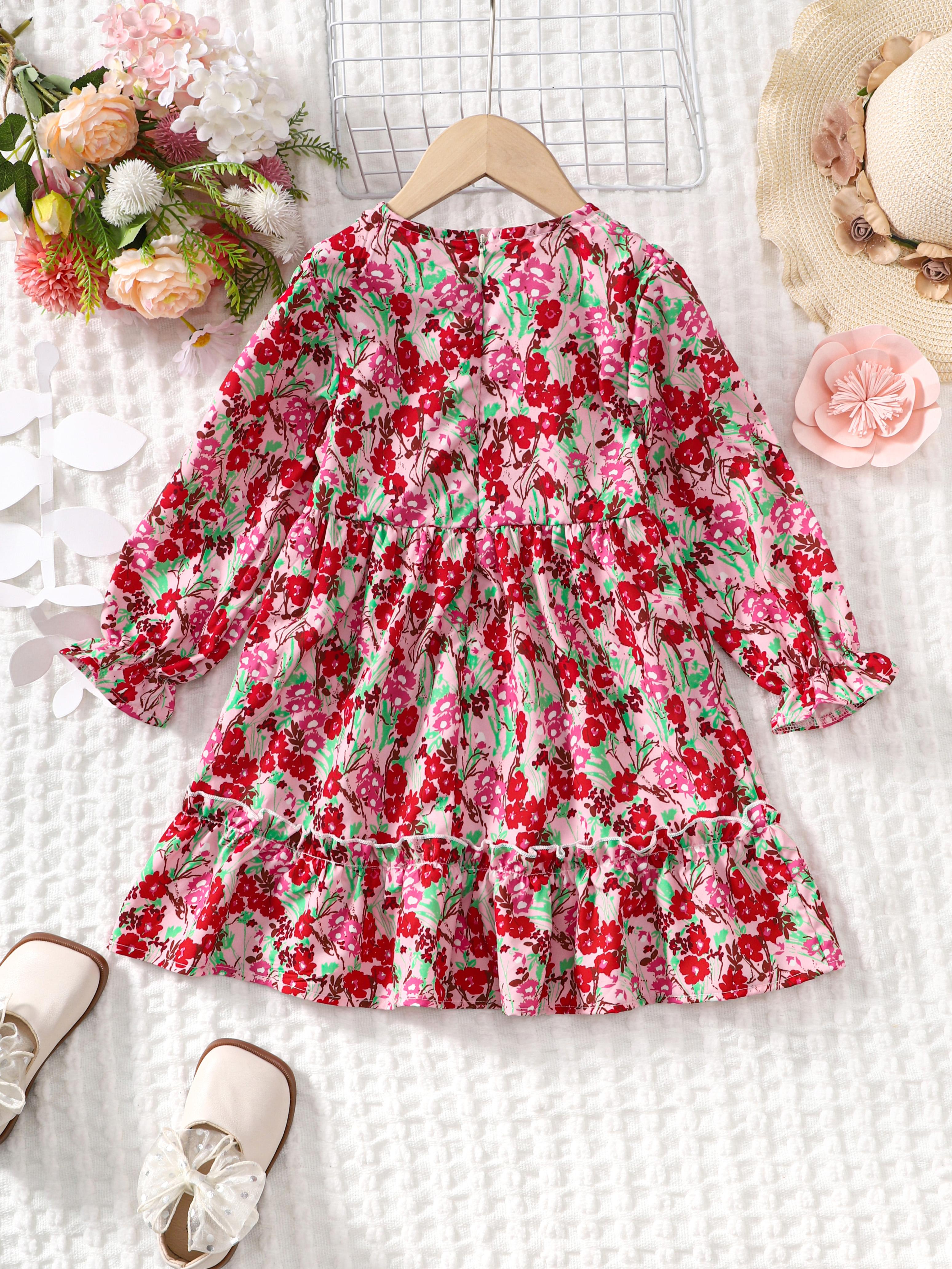 1-8Y Ready Stock Kid Toddler Girls Dress Floral Print Long Sleeve Bow Dress One Piece Casual Dress 1-8Y Red Catpapa  462306309