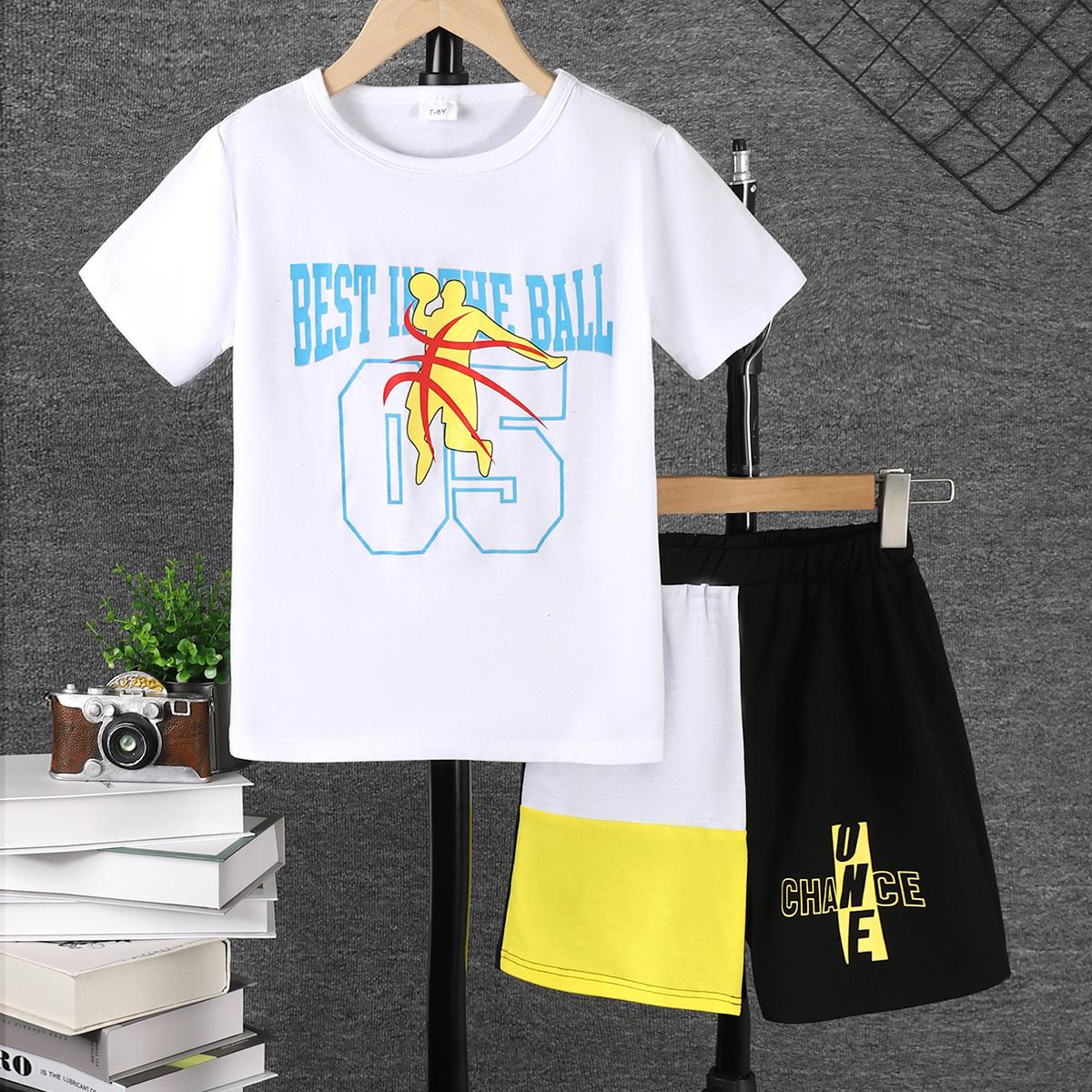 7-15Y Ready Stock Kids Boys Outfits Shorts Sets Slam Dunk Pattern Letter Graphics Tee Elastic Color Block Shorts 2Pcs Clothing From 7Y-15Y White Catpapa  462306014