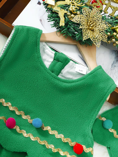 4-7Y Kid Toddler Girls Fall Winter Dress Sets Christmas Tree Shape Layered Sleeveless Dress With Hat 2Pcs Clothing Green Catpapa 462308163