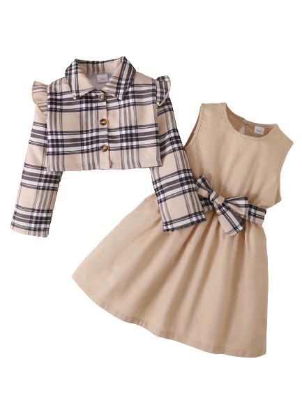 18M-5Y Baby Girls Outfits Turn-down Collar Plaid Ruffle Sleeve Coat Sleeveless Bow Dress 2Pcs Clothes Set Apricot Catpapa 122210602