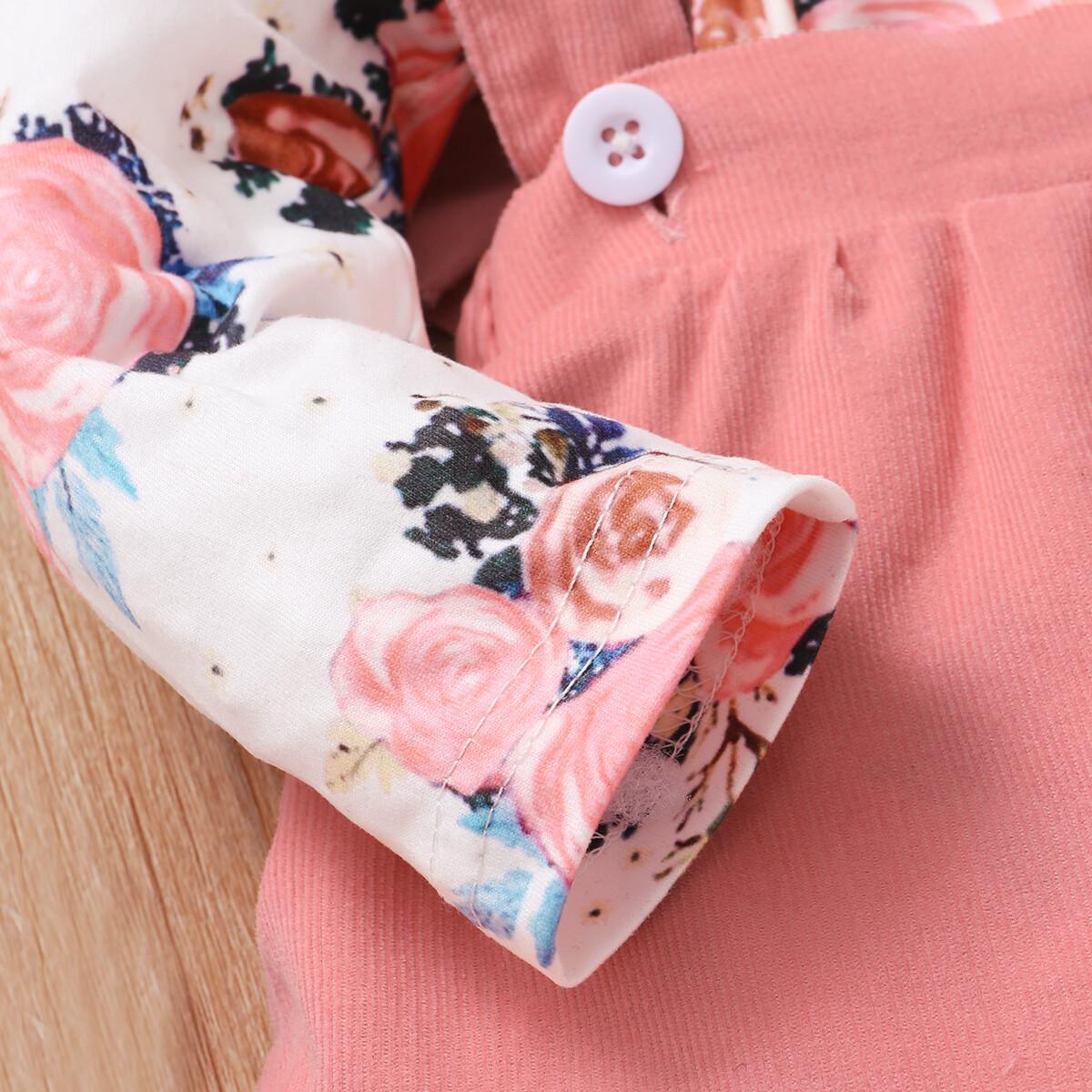 0-12M KID FASHION Newborn Baby Girl Clothes Baby Girl Outfits Long Sleeve Ruffle Floral Romper Top Strap Dress Headband 3PCS Set Pink Catpapa 22010092