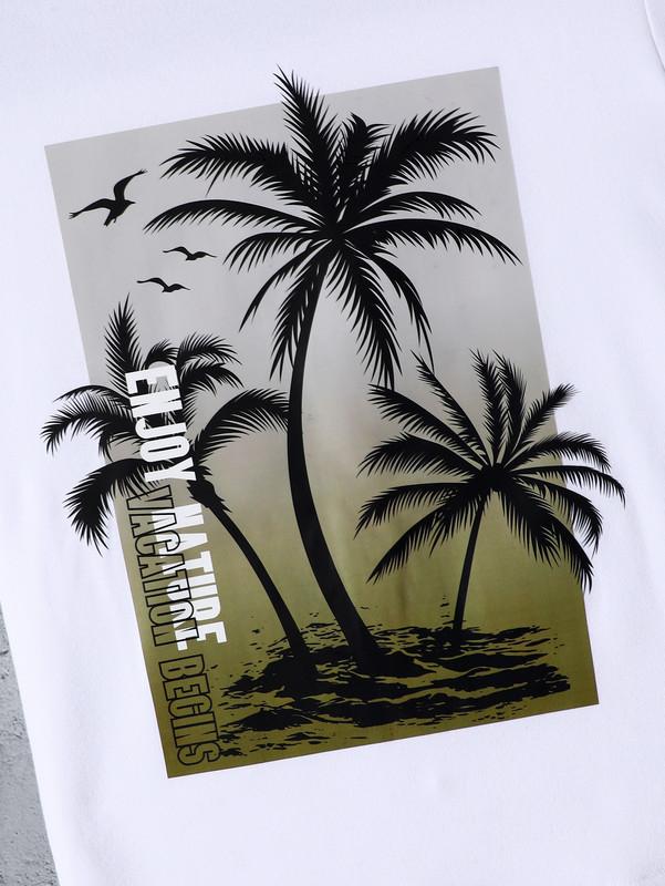 7-15Y Ready Stock  Big Boys 2-Pieces Summer Clothes Hawaii Style Coconut Tree Graphics Knit Loose Short Sleeve Casual Tee Cargo Shorts Set White Catpapa 462401032