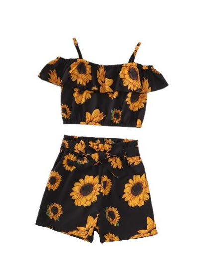 5-14Y Ready Stock Kids Girls Summer Outfits Sunflower Print Straps Lotus Leaf Collar Tops Elastic Shorts 2Pcs Clothes Set Black Catpapa 462302006