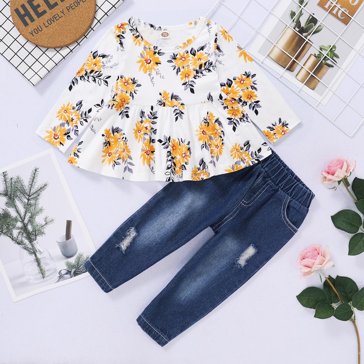 3-18M kid fashion girls Clothes Floral Print Tops Ripped Jeans Pant Outfit 2PCS Catpapa WL20071262-1