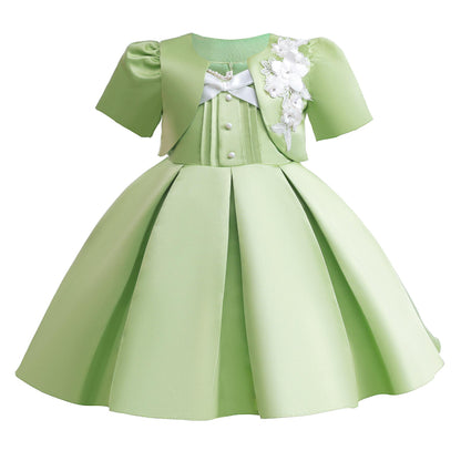 2-10Y Kid Baby Girls Princess Dress Set Sleeveless Straps Puffy Dress With Coat 2Pcs For Party Performance Green Catpapa ZT-T001