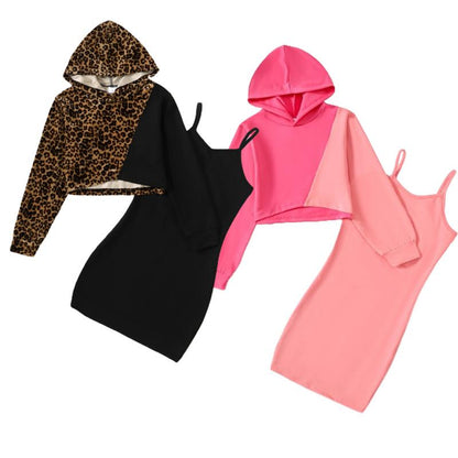 8-14Y Kid Girls Outfits Leopard Pattern Hoodies Short Sweater Hoodies Sleeveless Dress 2Pcs Nice Apparel Clothes Set Black Catpapa  462308013