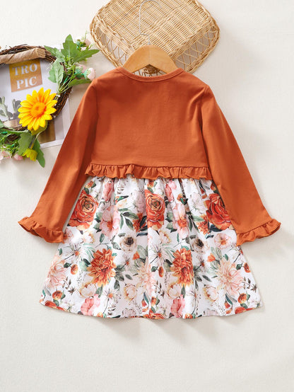 4-7Y Girls Brown Long Sleeve Jacket Printed Dress Set Baby Girl Clothes Catpapa 112205606SY