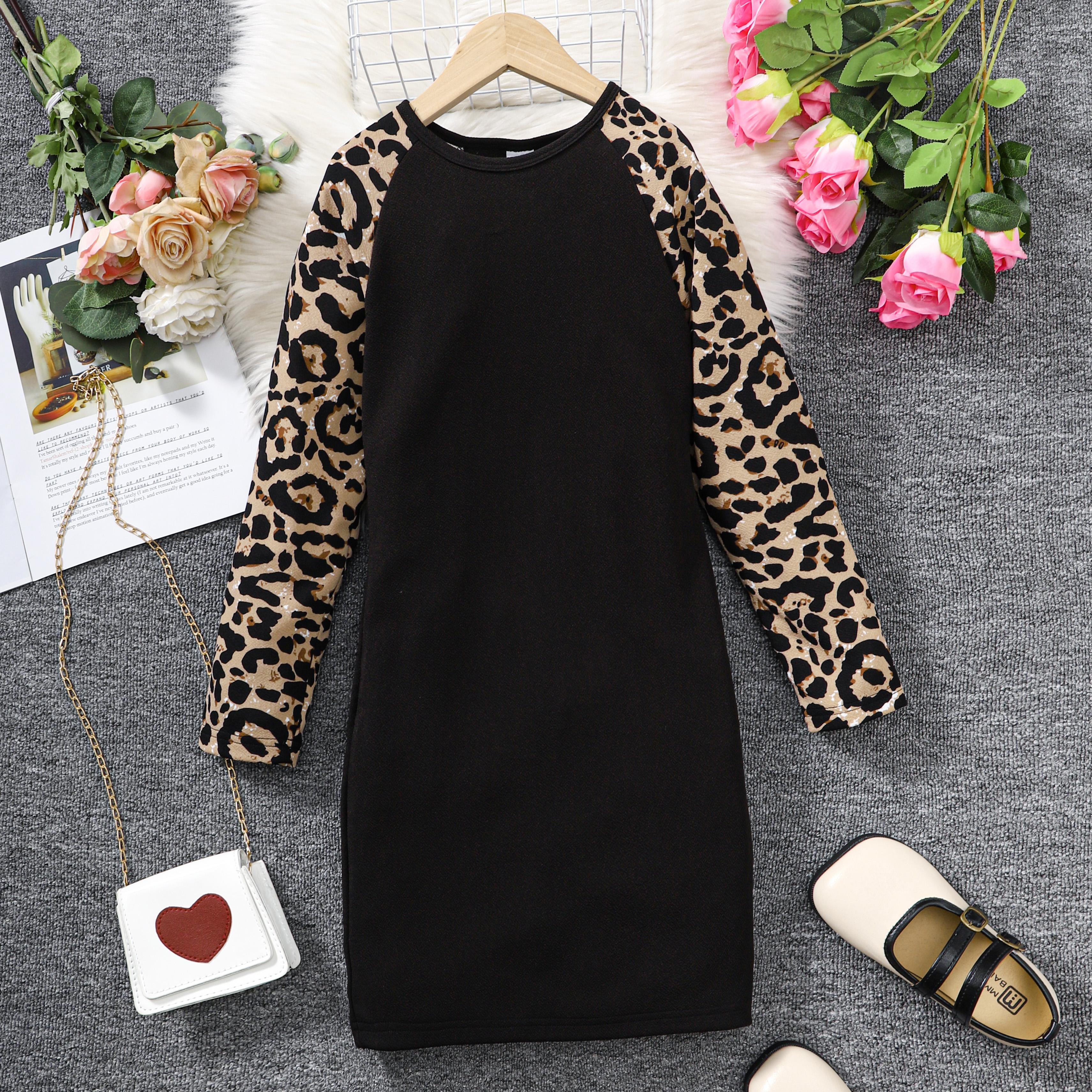 8-14Y Ready Stock Big Girls Dress Long Sleeves Color Block Leopard Splicing Dress For Party Kids Fall Winter Clothes Black Catpapa 462307028