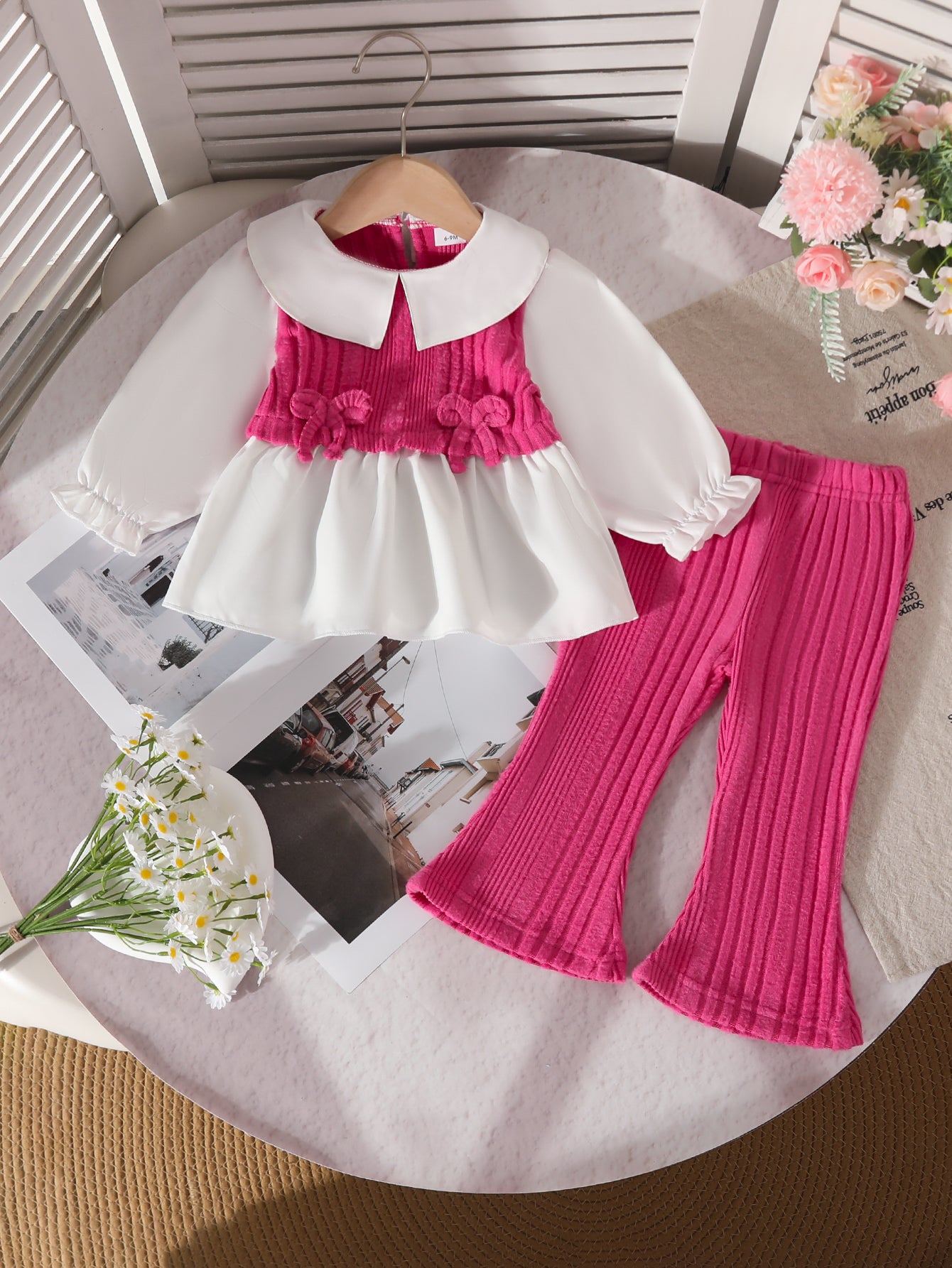 Wholesale 6M-3T Girls 2Pcs Bow Print Patchwork Long Sleeve Outfit Set, Soft Vertical Rib Knit Toddler Blouse & Flare Pants