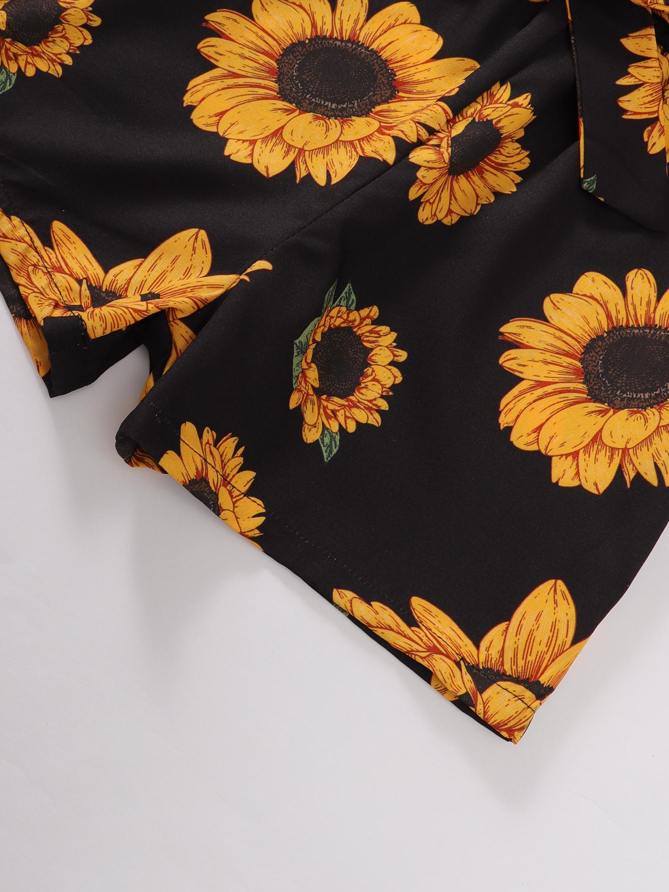 5-14Y Ready Stock Kids Girls Summer Outfits Sunflower Print Straps Lotus Leaf Collar Tops Elastic Shorts 2Pcs Clothes Set Black Catpapa 462302006