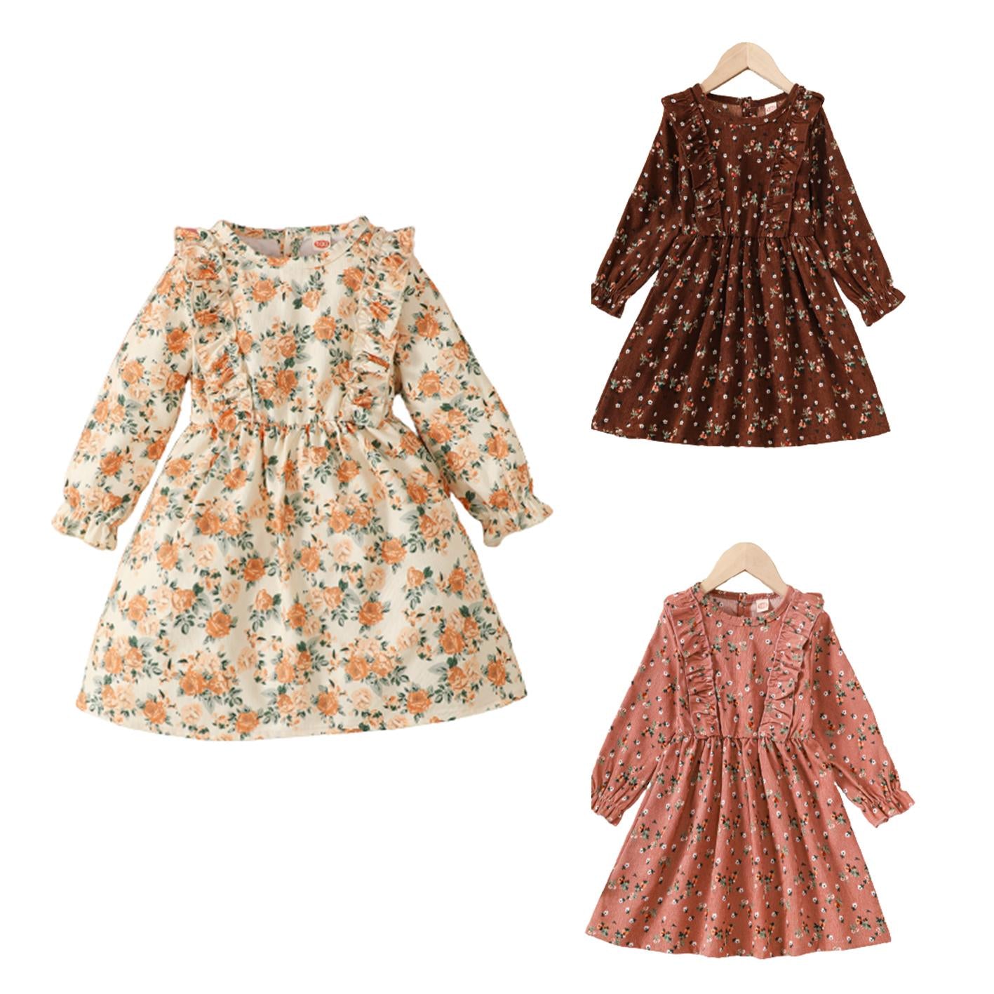 12M-7Y Ready Stock 12M-7Y Kid Toddler Girls Dress Floral Print Long Sleeve Ruffle Corduroy Dress One Piece Casual Dress Catpapa 462308165