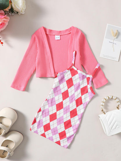 9M-4Y Baby Girls Outfits Barbie Diamond Check Straps Dress Cardigan Coat 2Pcs Nice Apparel Clothes Set Pink Catpapa 462305152/462308157