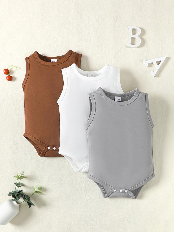 1-18M Ready Stock 3-Pieces Infant Baby Boys' Waffle Textured Bodysuit, Solid Color Sleeveless Summer Onesies, Newborn Baby Boy's Clothing From 1-18m Catpapa 462312151