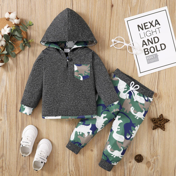 6-24M KIDS fashion Boys Outfits Camouflage Pocket Hoodie Camouflage Splice Dinosaur Print Pants 2Pcs Clothes Set For Winter Gray Catpapa 22108776