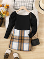 8-14Y Ready Stock Kids Girls Skirts Sets Lantern Long Sleeve Pure Color Tops Plaid Skirts Spring Autumn Clothing From 8Y-14Y Black Catpapa 462304007