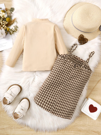 9M-4Y Ready Stock Baby Girl Solid Color Long-sleeve Stand-up Collar Tops Checker Suspender Dress For Fall 2Pcs Suit Apricot Catpapa 462305153