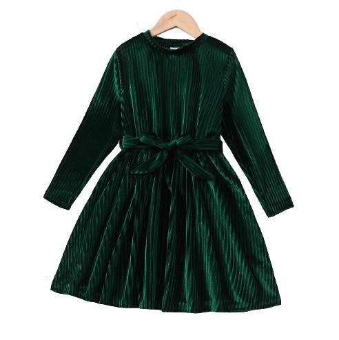 8-14Y Ready Stock Big Girls Dress Elegant Velvet Long Sleeve Dress With A Belt Girl'S Casual Dress Green Catpapa 462307015