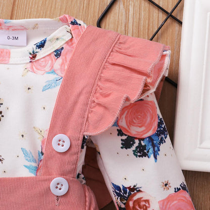 0-12M KID FASHION Newborn Baby Girl Clothes Baby Girl Outfits Long Sleeve Ruffle Floral Romper Top Strap Dress Headband 3PCS Set Pink Catpapa 22010092