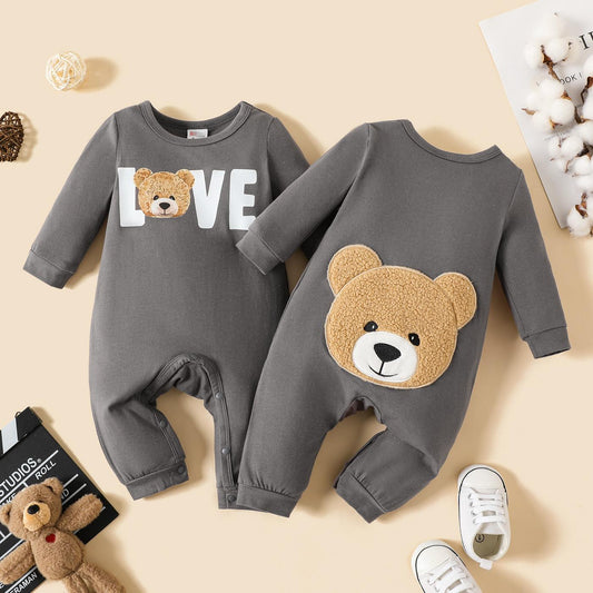 0-18M Ready Stock Baby Boys Romper Letter Print Bear Graphics Jumpsuists Long Sleeve One Piece Bodysuits Gray Catpapa 222120047