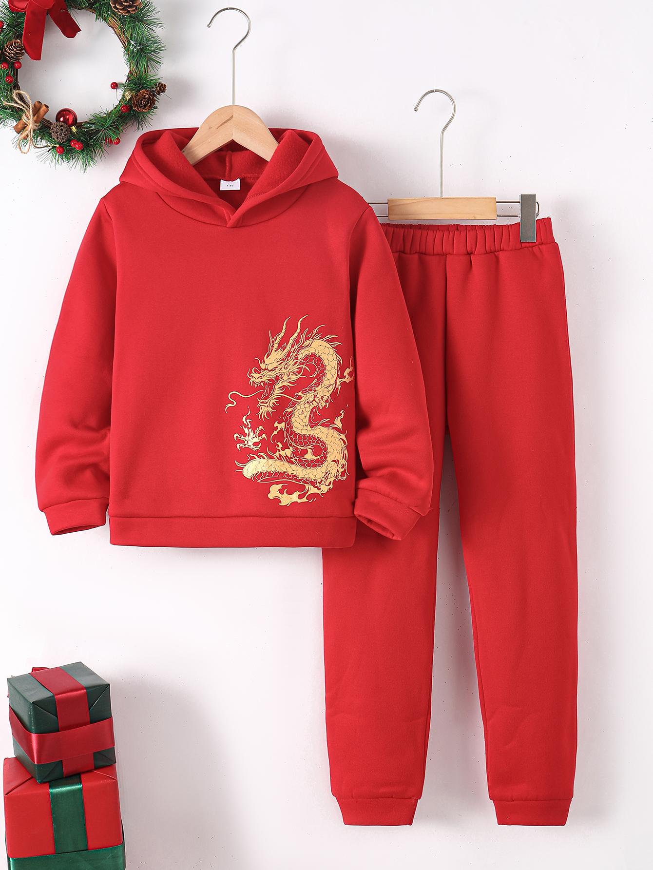 7-15Y  Ready Stock  Kid Boys 2Pcs's Happy New Year Outfits Casual Dragon Print Hoodies Long Sleeve Pullover Sweatshirt & Pants Joggers Clothing Set Red  Catpapa 462311023