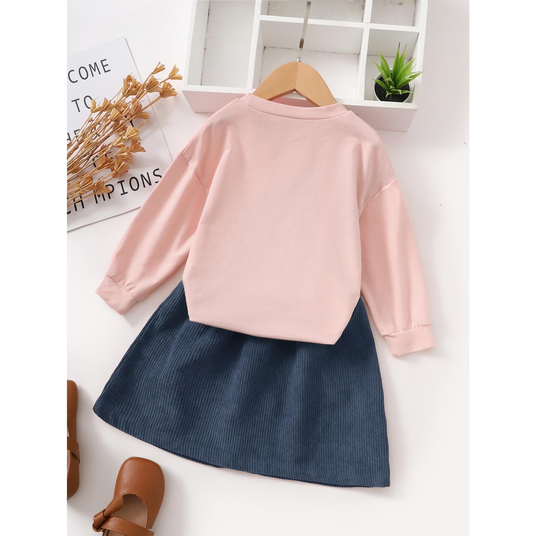 12M-7Y kIDS FASHION Girls Clothes 2PCS Outfits Girls Long Sleeve Round Neckline Tops Skirt Set Pink Catpapa 12106324-2