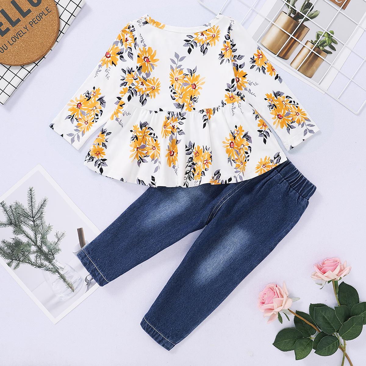 3-18M kid fashion girls Clothes Floral Print Tops Ripped Jeans Pant Outfit 2PCS Catpapa WL20071262-1