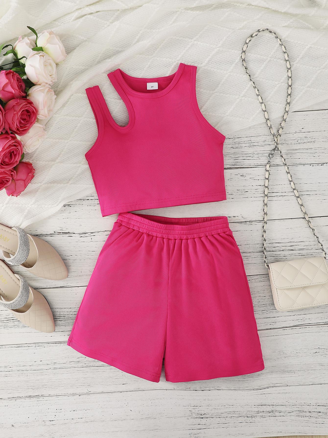 8-14Y  Ready Stock Summer Outfits For Kid Girls Solid Color Sleeveless Irregular Shoulder Hollow Tops Elastic Shorts 2Pcs Ribbed Clothing Sets Rose Red Catpapa 462311012