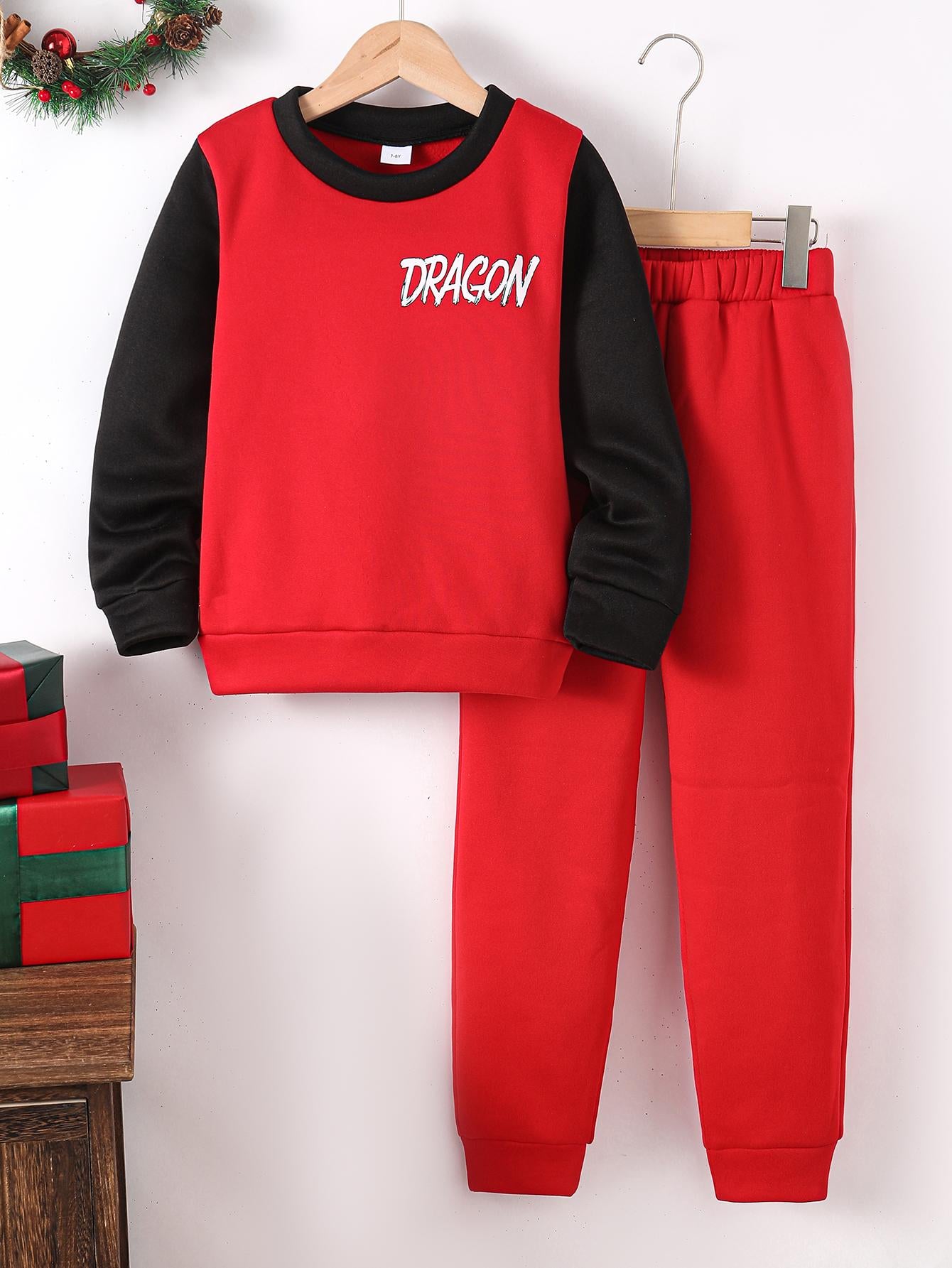 7-15Y Ready Stock  Big Boys New Year Pants Sets Dragon Print Colour Block Long Sleeve Sweatshirts & Solid Joggers 2Pcs Clothing For Kids Outdoor Activities Red Catpapa 462312002