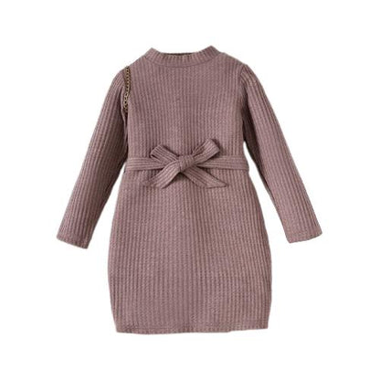 1-8Y Ready Stock Toddler Girls Fall Winter Clothes Waffle Knit Long Sleeve Dress With Belt Pinkish PurpleCatpapa 462304006