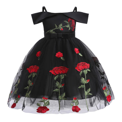 3-10Y Kids Fashion Baby Girls Princess Dress Off The Shoulder Rose Print Dress One Piece Performance Dress Catpapa ZT-2910