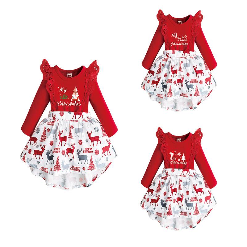 0-18M Ready Stock 0-18M Baby Girls Christmas Gift Lace Ruffle Long Sleeve Splice Elk Print Dress One Piece Romper Dress Red CatpapaYMX2008195-5F