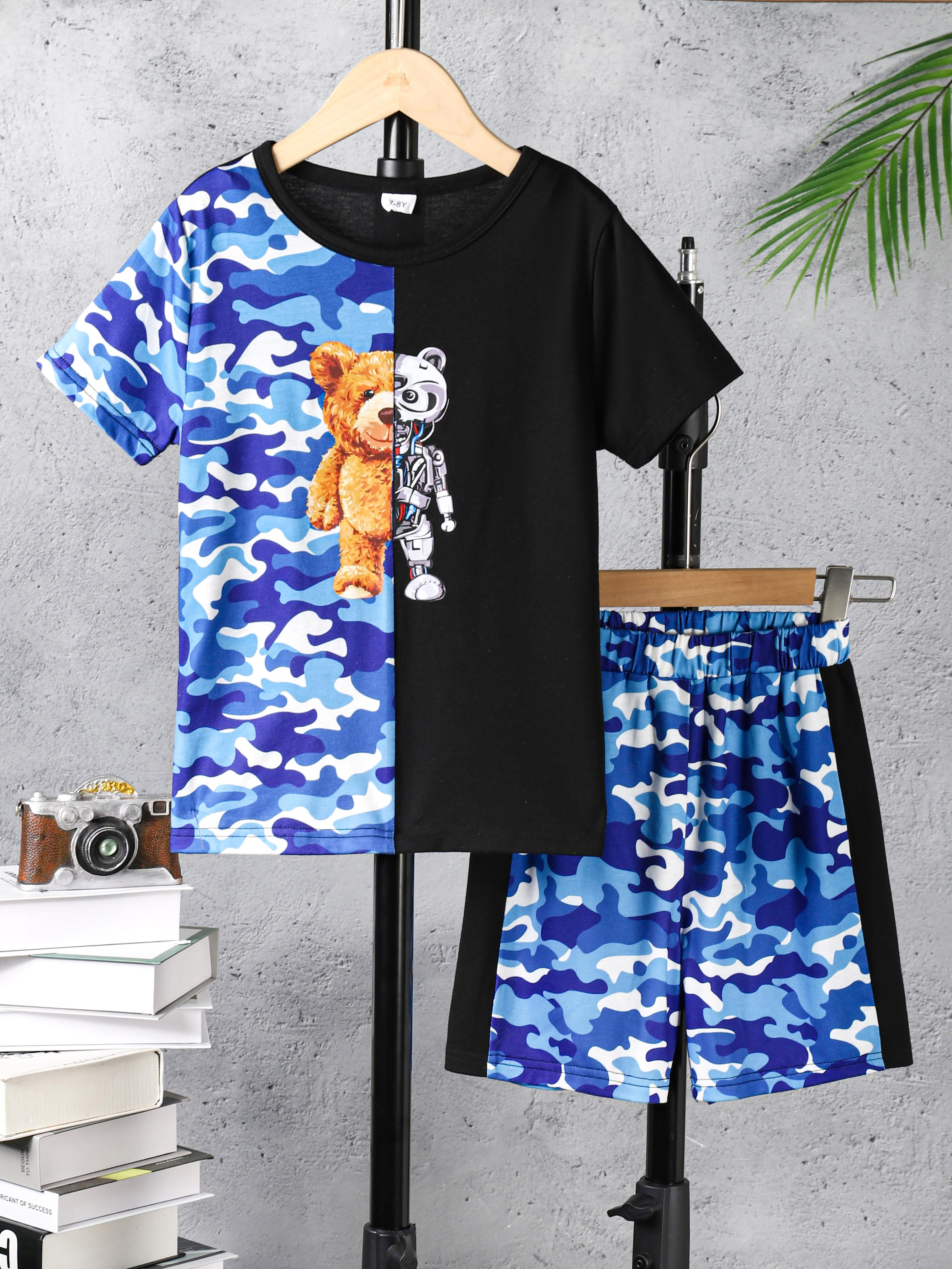 7-15Y Ready Stock Kids Clothes Boys Clothes Shorts Sets Bear Pattern Splice Camouflage Print T-shirt Tops Elastic Shorts 2Pcs Outfits For Summer Blue Catpapa 462306016