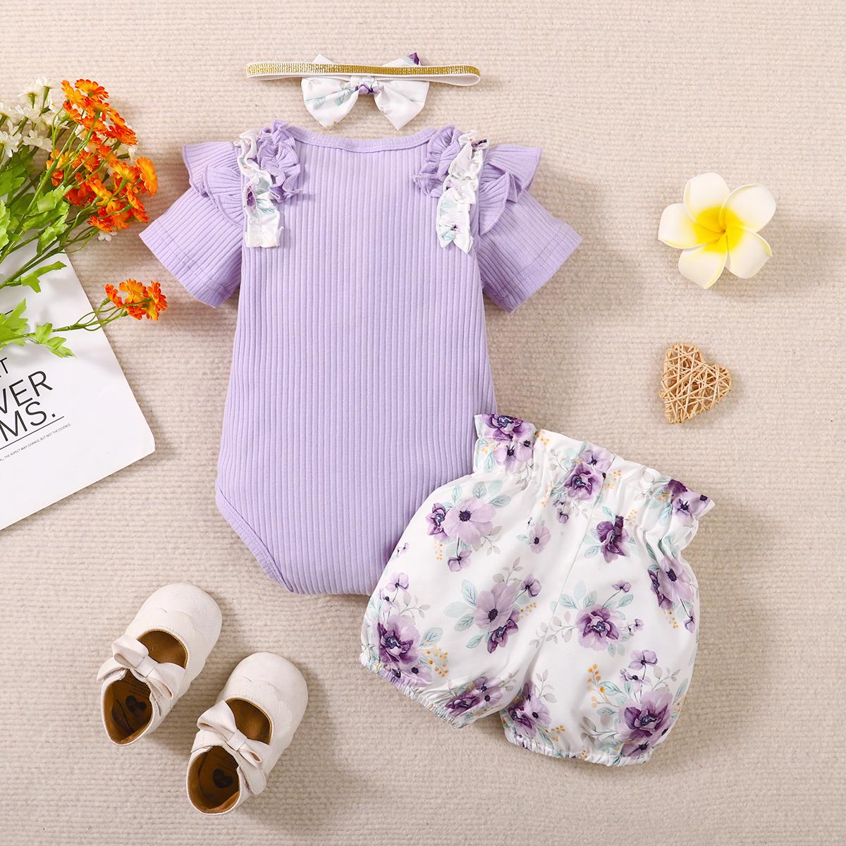 0-18M Ready Stock 0-18M Baby Girls Clothes Solid Color Ruffle Short Sleeve Romper Floral Shorts Headband 3Pcs Summer Outfits Purple Catpapa YCS122212451