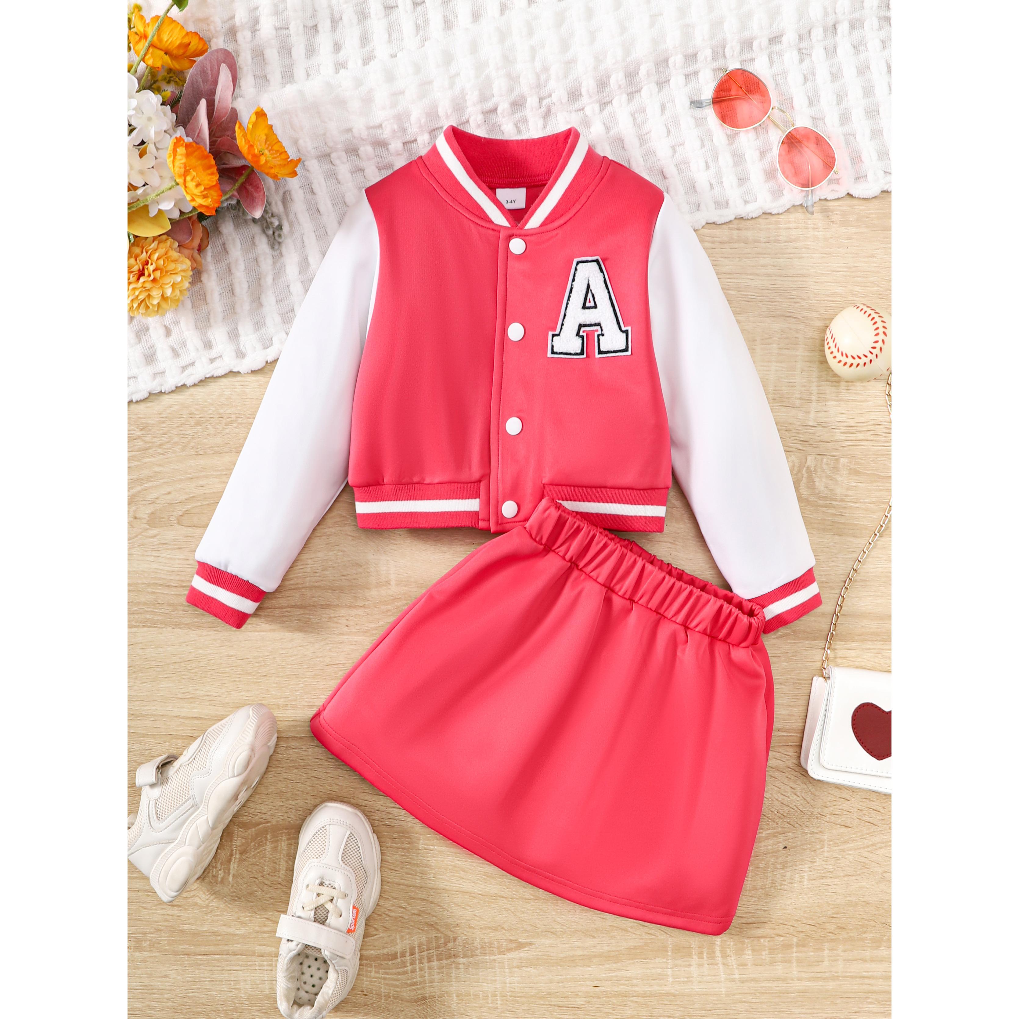 1-8Y Ready Stock Kid Toddler Girls Skirts Set "A" Embroidery  Colorblock Splice Baseball Jacket Elastic Skirt 2Pcs Spring Fall Clothing From 1-8Y Rose Red Catpapa 462307165