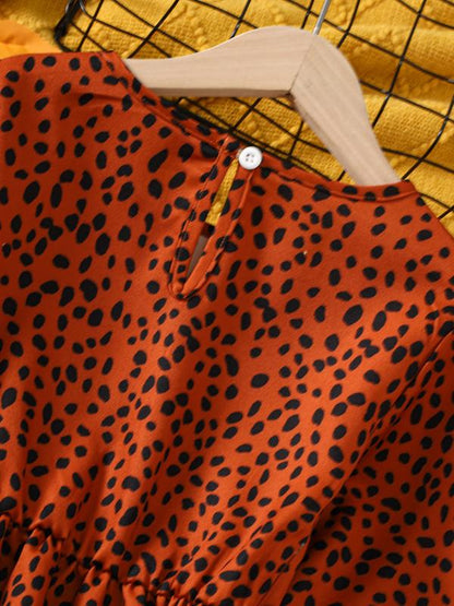 8-14Y Ready Stock 8-14Y Big Girls Dress Elegant Leopard Print Flare Long Sleeve Dress One Piece Trendy Casual Dress For Fall Reddish Brown Catpapa 462308009