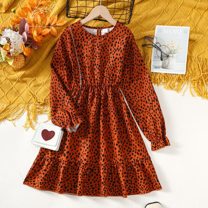 8-14Y Ready Stock 8-14Y Big Girls Dress Elegant Leopard Print Flare Long Sleeve Dress One Piece Trendy Casual Dress For Fall Reddish Brown Catpapa 462308009