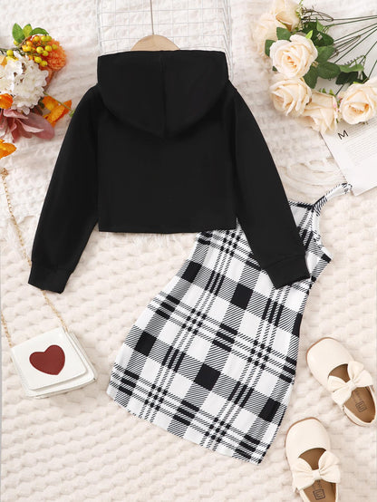 3-8Y Ready Stock Kids Toddler Girls Clothes Straps Checker Print Dress Heart Plaid Print Long Sleeve Sweater Hoodies 2Pcs Nice Apparel Clothes Set Black Catpapa 462308154